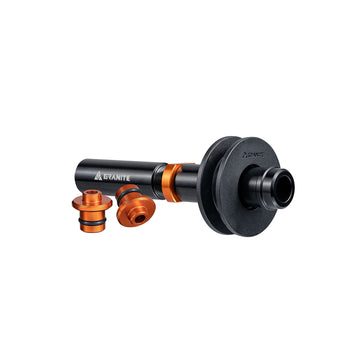 CHAINDOCK Thru Axle dummy hub Black and orange mechanical component on a white background