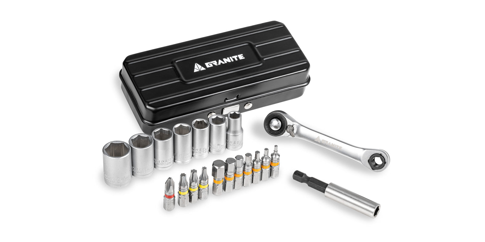 A black Granite-branded metal tool case featuring a small ratchet wrench, multiple socket heads, screwdriver bits, and a bit extension, all arranged neatly in front of the case.
