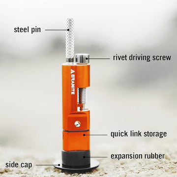 Granite Stash chain tool with labeled parts: steel pin, rivet driving screw, quick link storage, expansion rubber, and side cap.