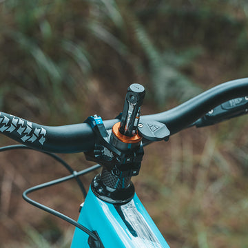 Close-up of a mountain bike’s handlebars with a Granite multi-tool stored in the steerer tube, surrounded by greenery in the blurred background.