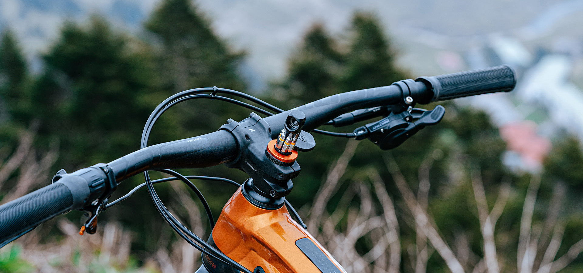 A mountain bike steerer tube, featuring a Granite Stash RT multi-tool mounted at the top. The background shows a scenic mountain view with trees, indicating an outdoor setting.