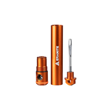 Granite Sture Orange Tire plug kit with integrated CO2 inflator with a cylindrical container and screwdriver on a white background