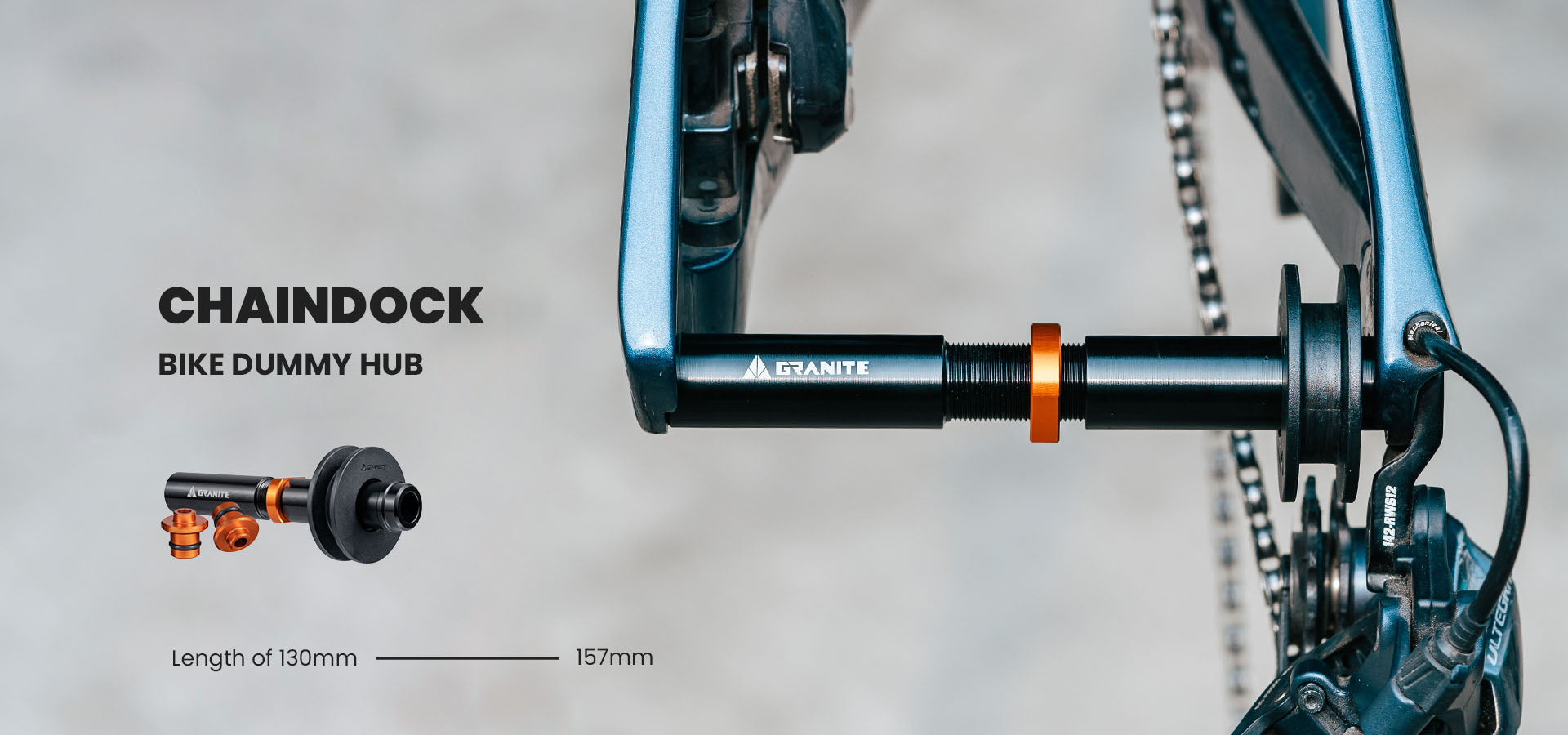 Granite Chaindock Bike dummy hub on a blurred background 2