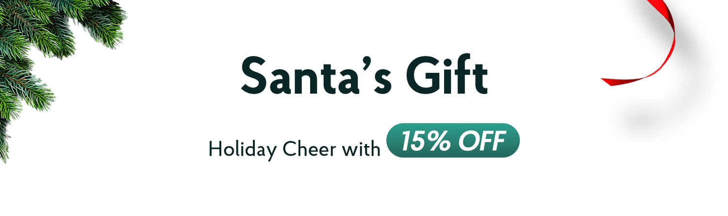Promotional banner for 'Santa's Gift' with a 15% off offer on a white background.