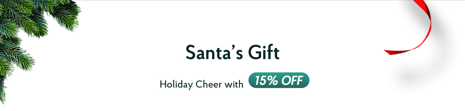 Promotional banner 2 for 'Santa's Gift' with a 15% off discount on a white background.