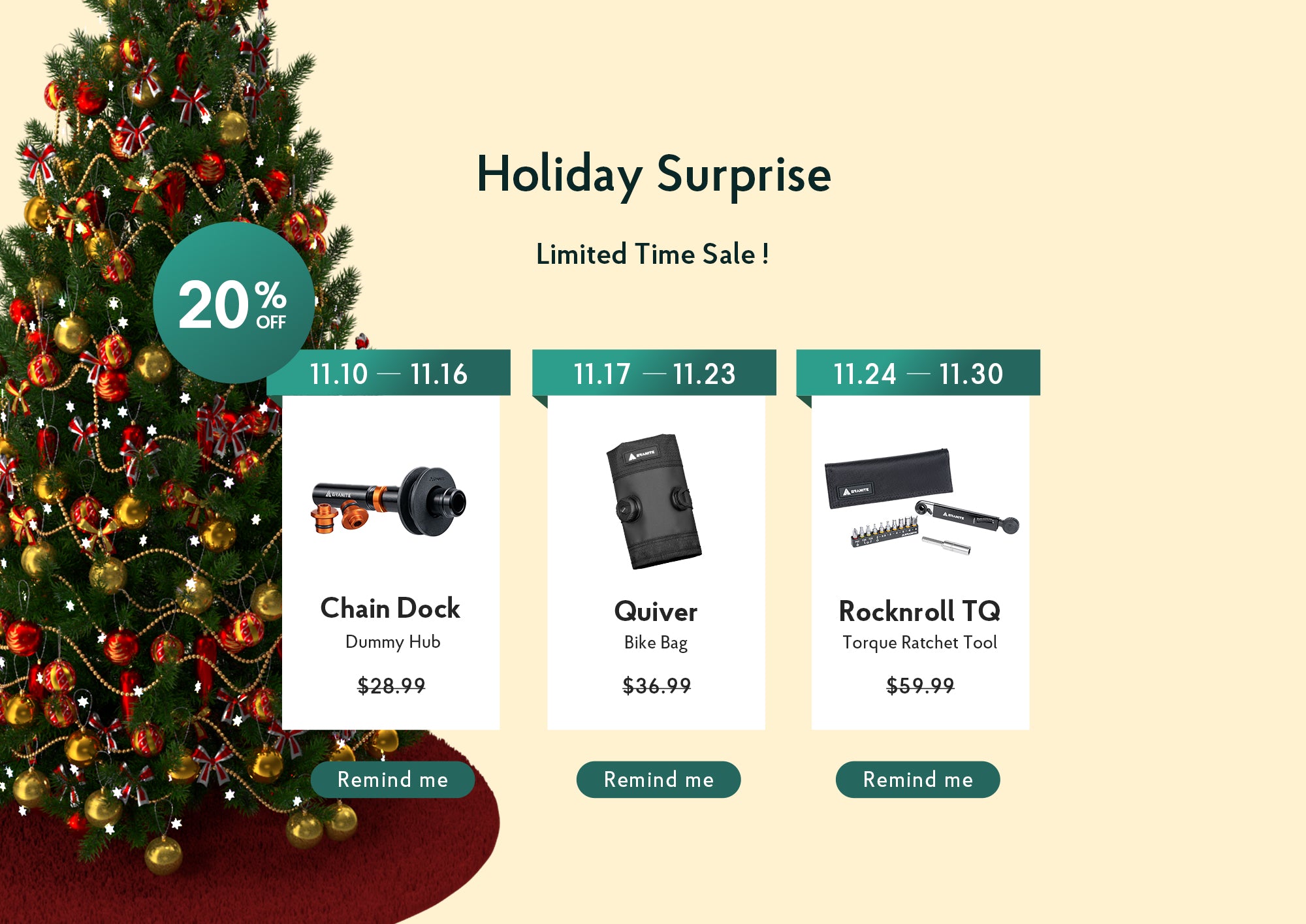 Promotional graphic 3 for a holiday sale with Granite Chain Dock dummy hub, Quiver saddle bag, Rocknroll TQ torque ratchet tool and a Christmas tree.slider_item_AKMERK