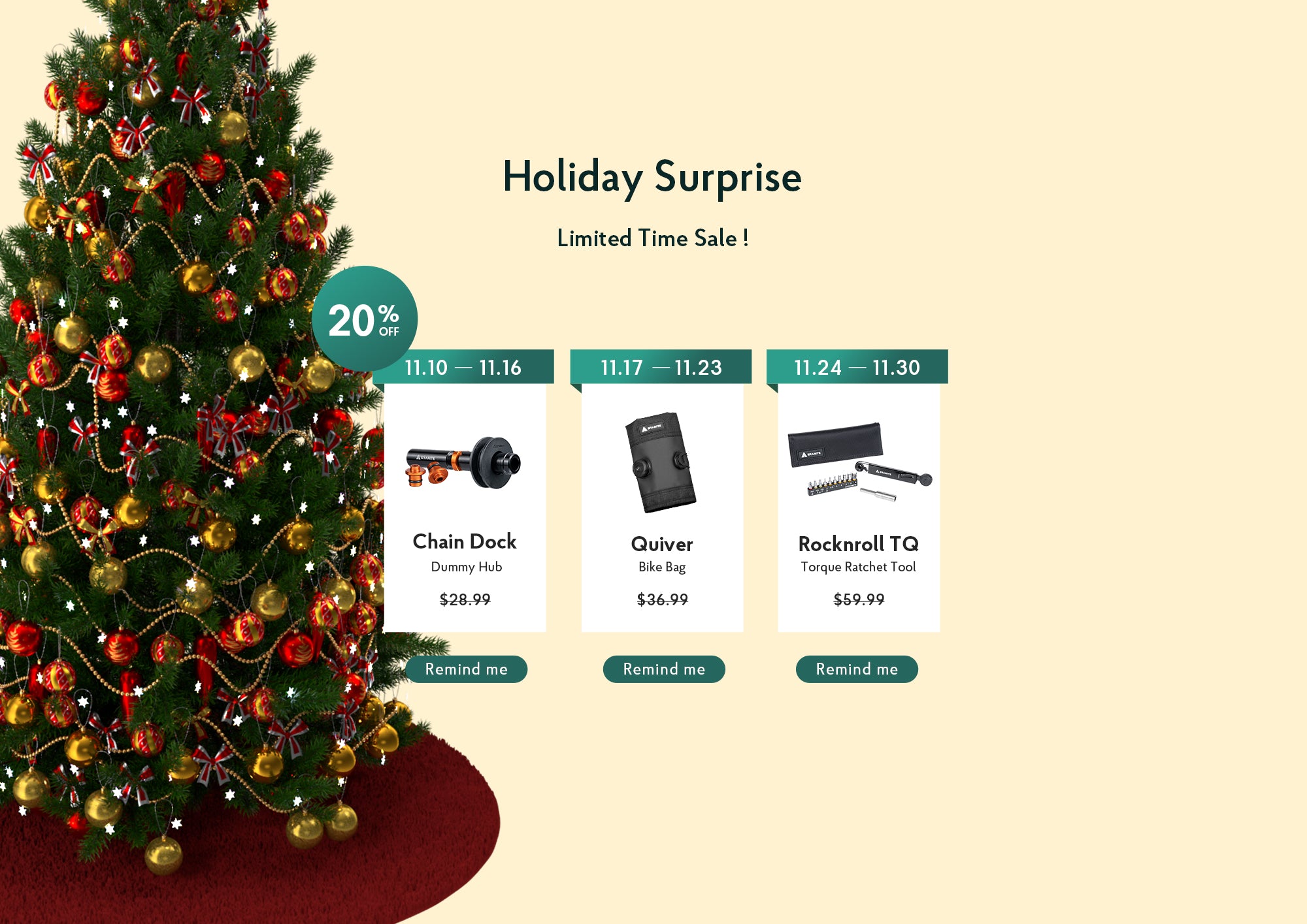 Promotional graphic 3 for a holiday sale with Granite Chain Dock dummy hub, Quiver saddle bag, Rocknroll TQ torque ratchet tool and a Christmas tree.slider_item_AKMERK