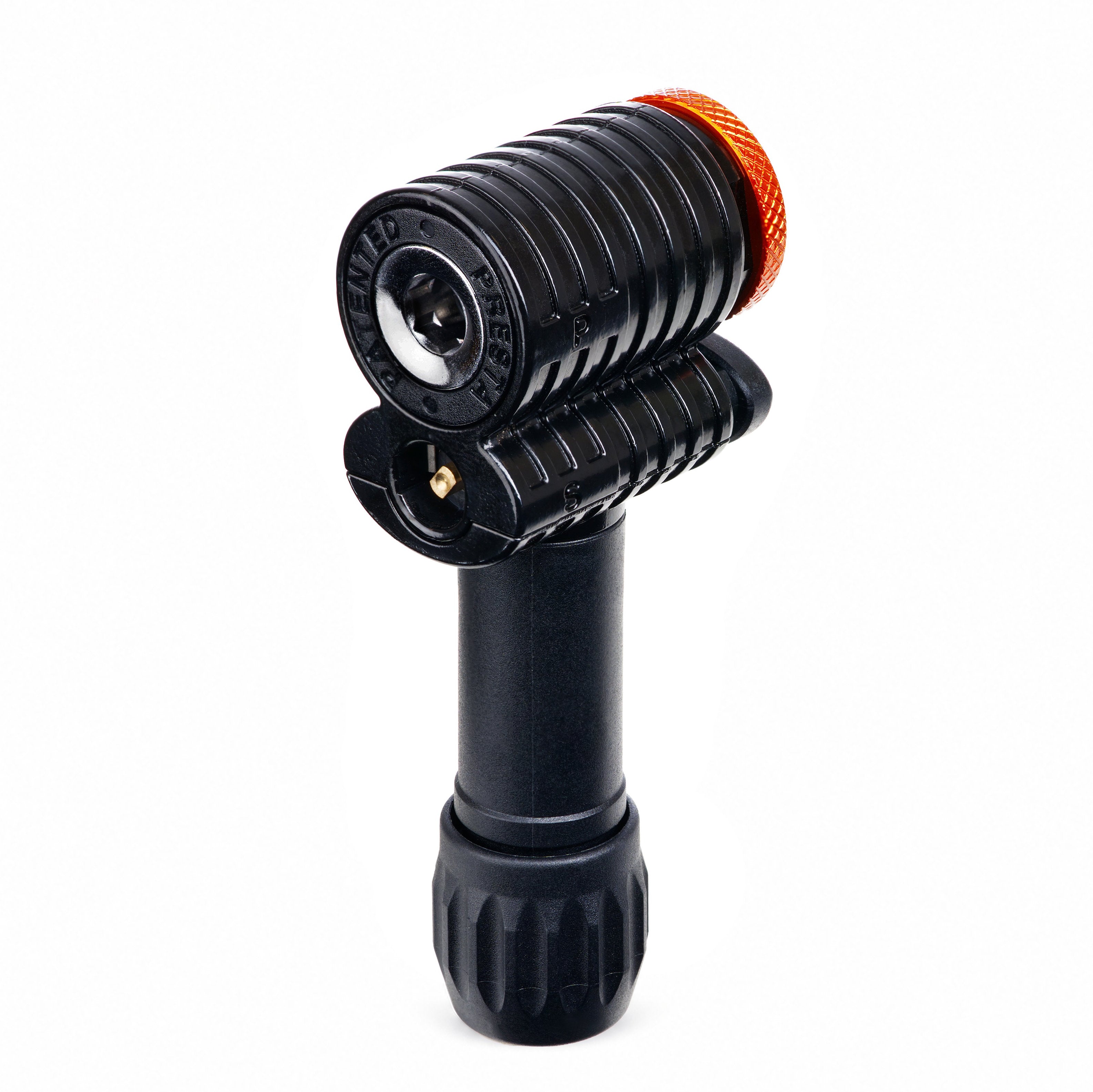 Granite Quickie pump head, Compression Nut version, front view showing the Presta port above and the Schrader port below, on white