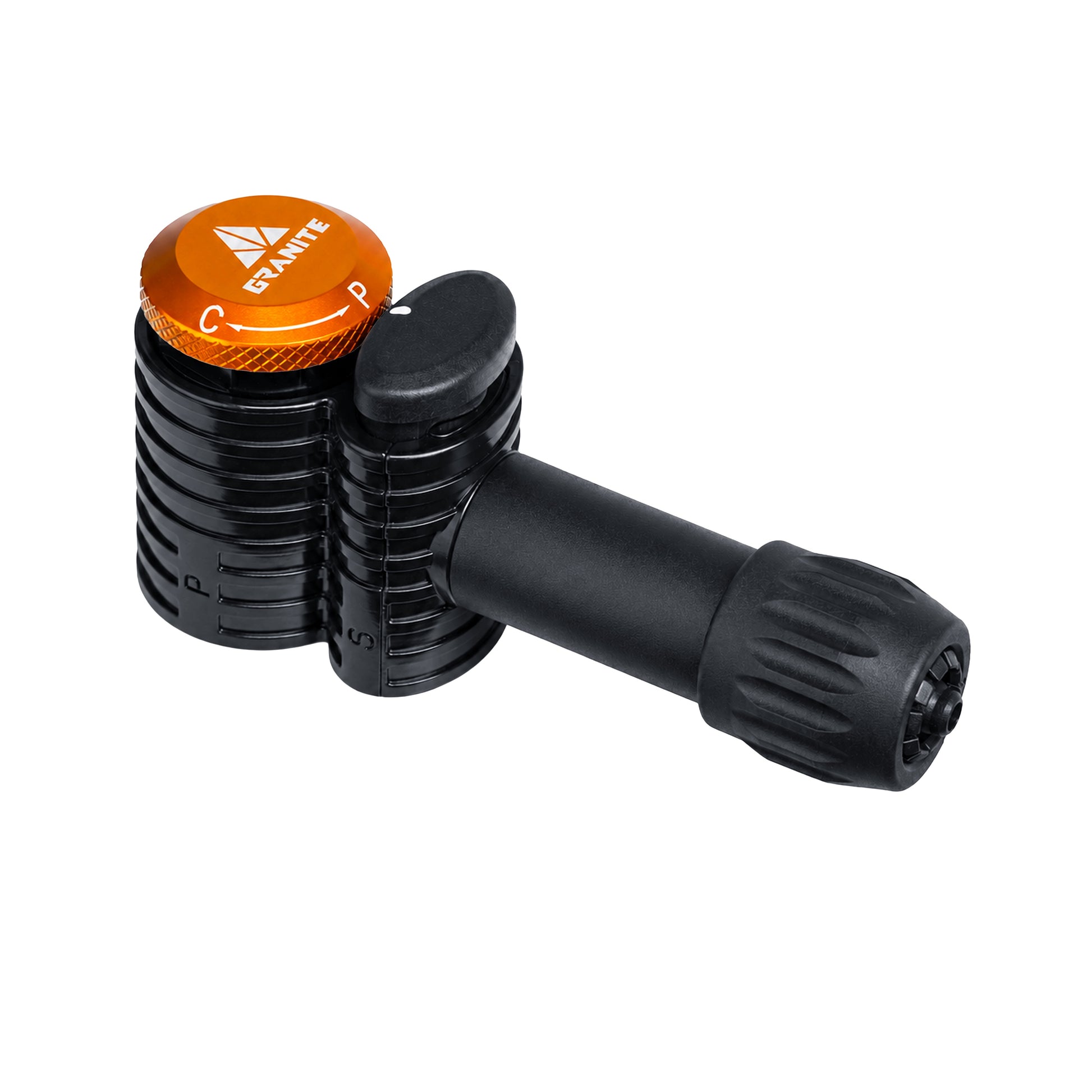 Granite Quickie pump head, Compression Nut version, top view showing the orange P C collar, black release button and hose compression nut, on white