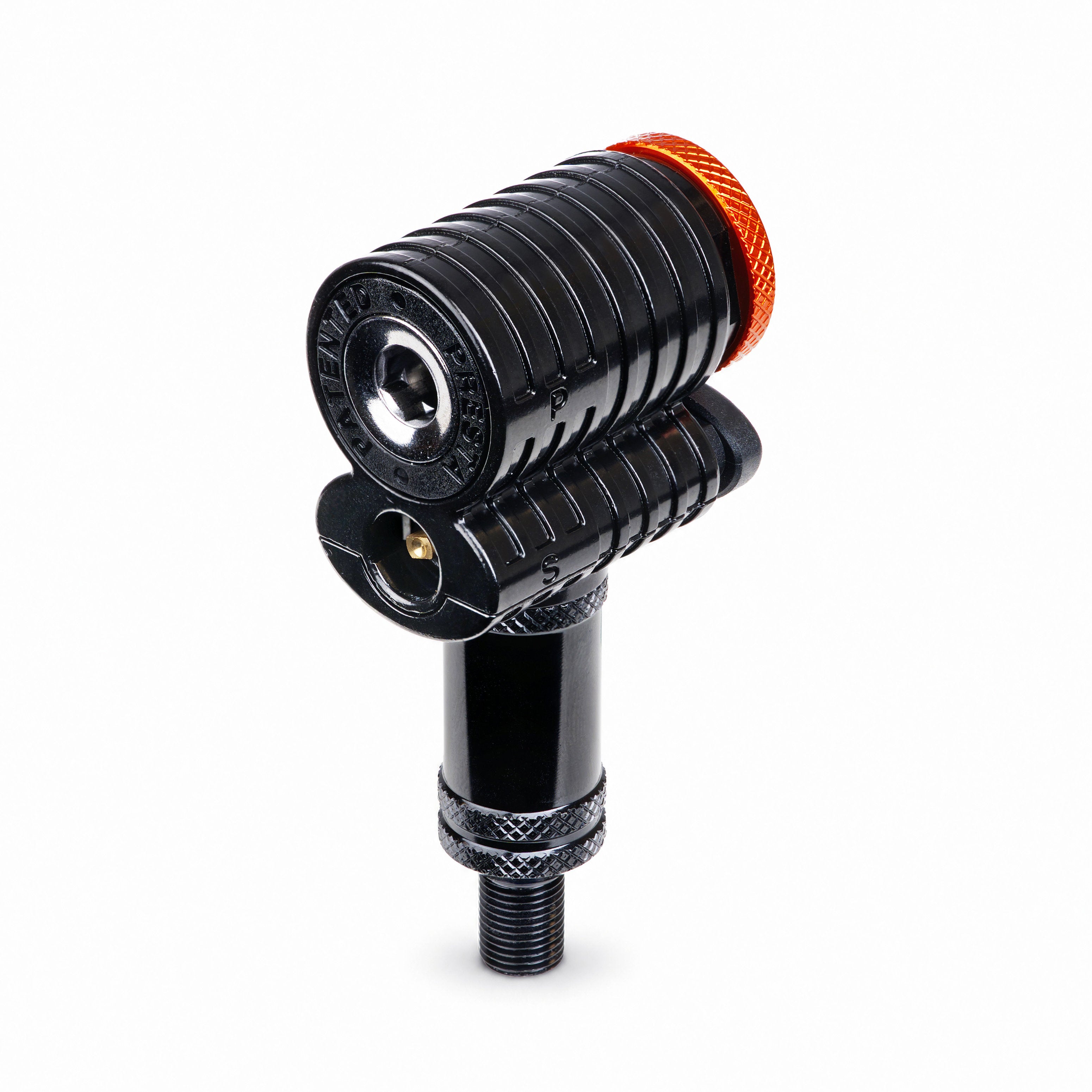 Granite Quickie pump head, Schrader Thread version, front view showing the Presta port above and the Schrader port below, on white