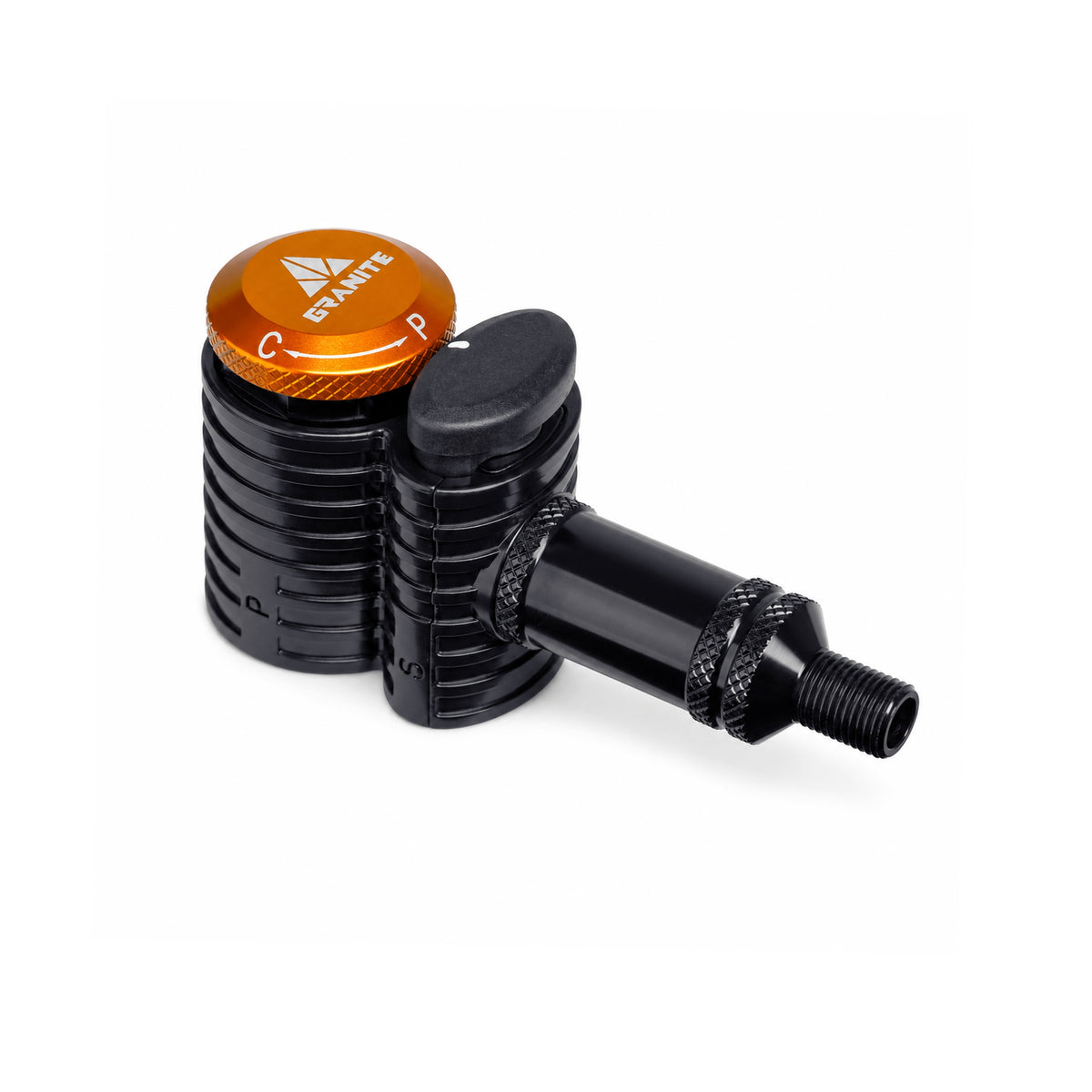 Granite Quickie pump head, Schrader Thread version, top view showing the orange P C collar, black release button and threaded hose connector, on white