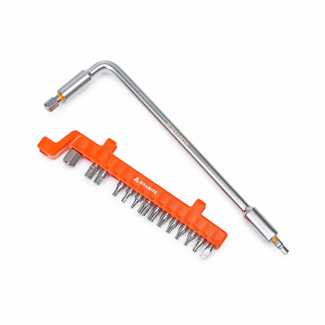Granite Outpost 188 mm L-wrench with the orange 16-bit caddy clipped onto its long arm, on a white background.