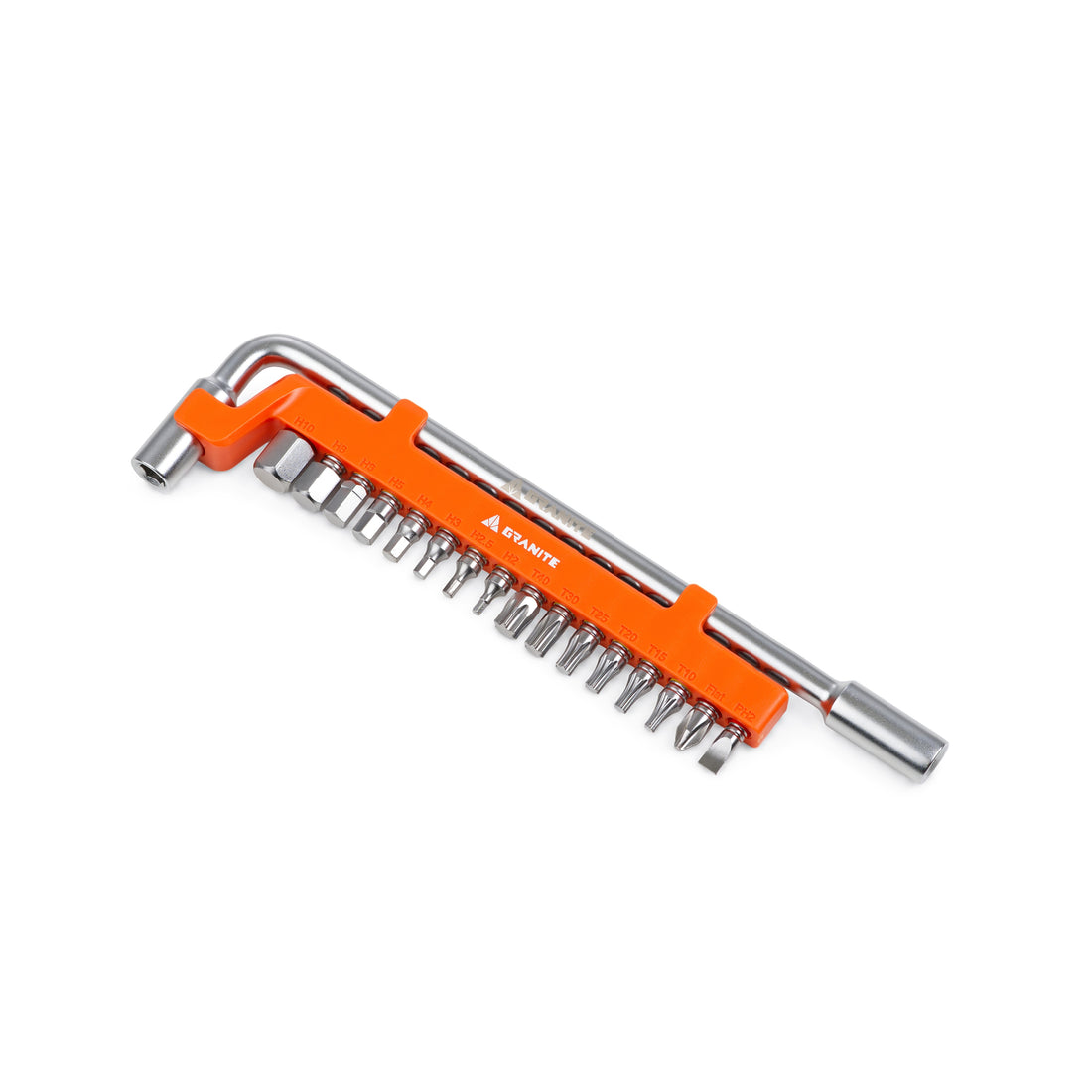 Granite Outpost 188 mm L-wrench with the orange 16-bit caddy clipped onto its long arm, on a white background.