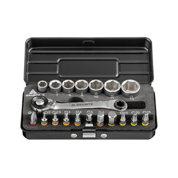 Black metal DUET-HEX-BIt-&-SOCKET-RATCHET-TOOL-KIT with silver ratchet, hex bits and sockets neatly organized in foam case