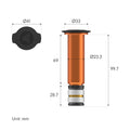 Technical drawing of the Granite Design Stash RCX Multi-Tool Kit, a cylindrical orange component for cyclists with top and side views. Dimensions: 41mm (top diameter), 33mm (side), 99.7mm length, 23.3mm midsection, plus two smaller sections.