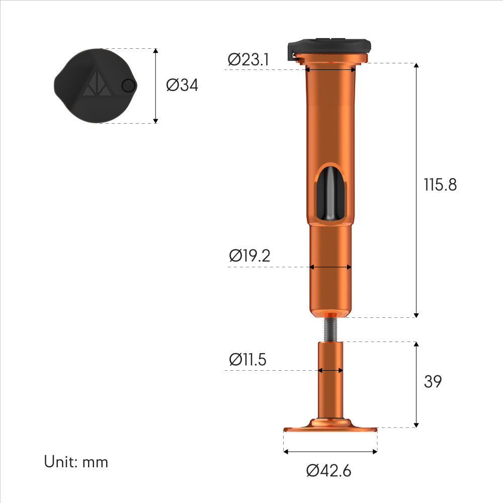 Technical drawing of the Granite Design Stash RT Ratchet Tool Kit in orange, perfect for steerer tube storage. Top and side views show labeled dimensions: height 115.8 mm; base 39 mm; diameters: 34, 23.1, 19.2, 11.5, and 42.6 mm (all in mm).