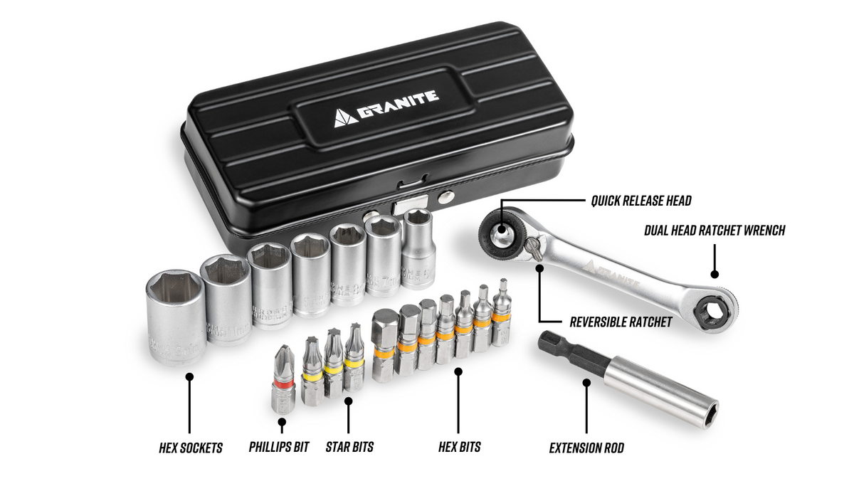 Granite Duet compact steel ratchet and bit set with hex sockets, star and Phillips bits in a black metal storage case