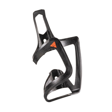 Granite Aux Carbon Bottle Cage, lightweight black carbon fiber bike water bottle holder with orange logo on white background