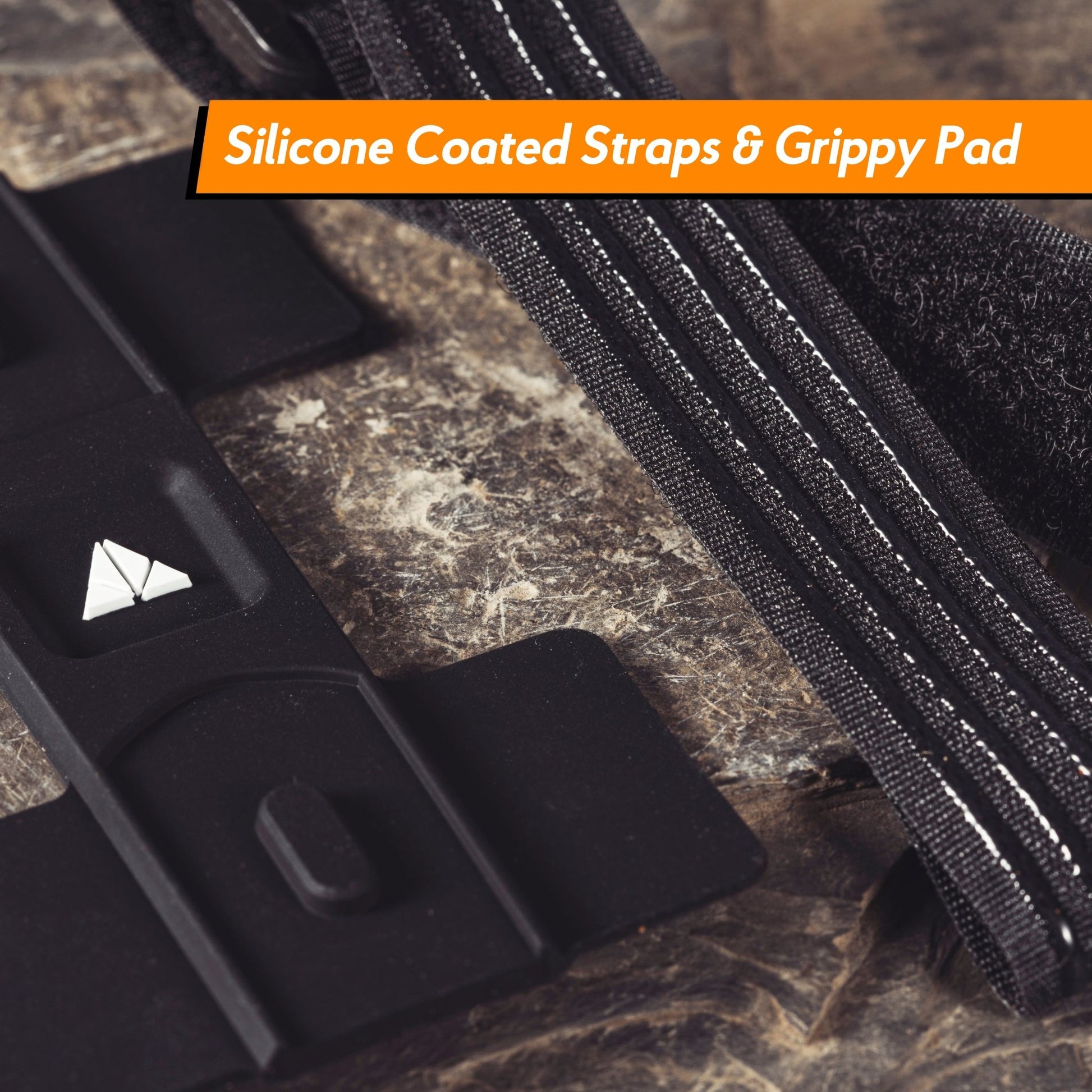 Close-up of Granite's silicone-coated straps with a grippy pad, showcasing the durable and secure design.