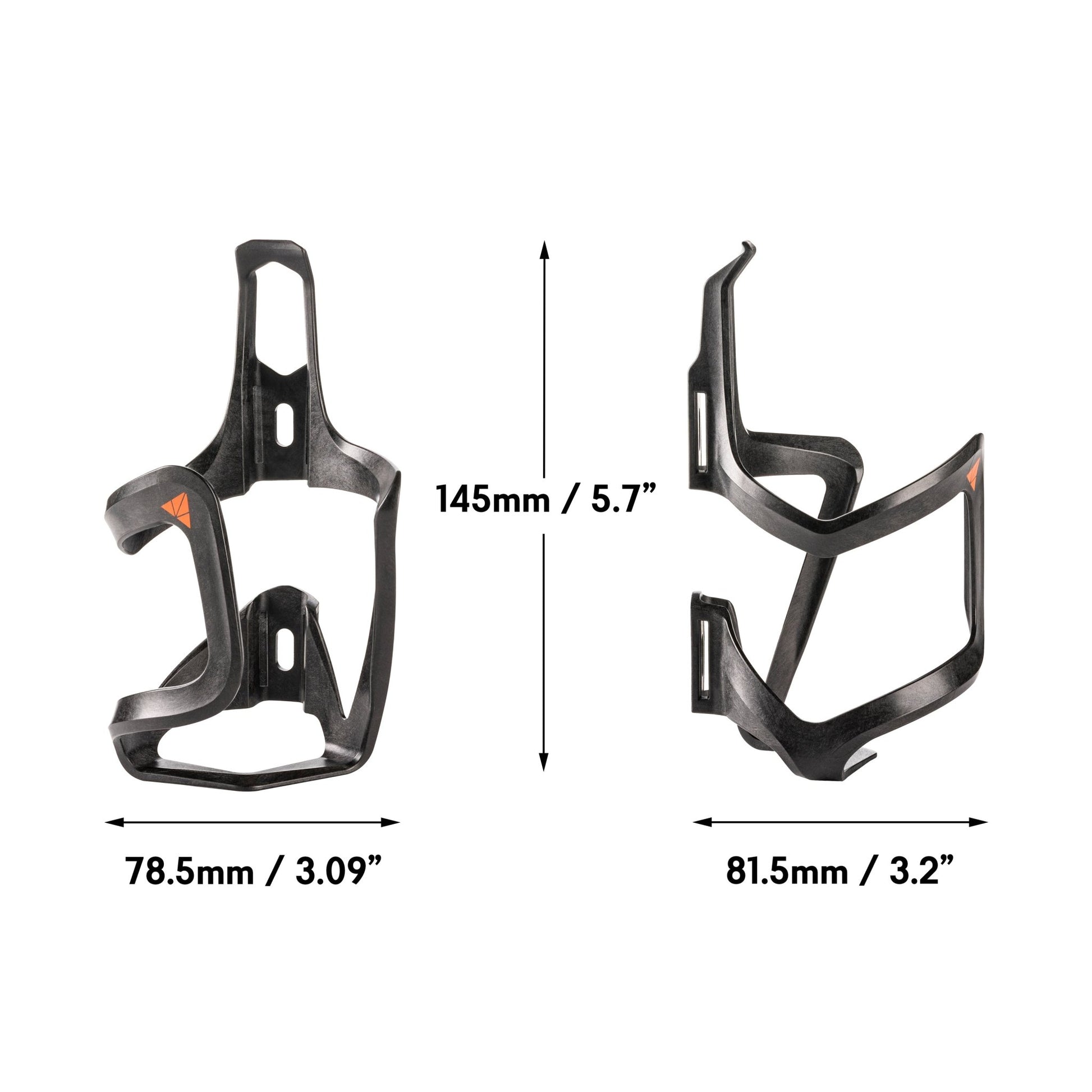 Granite carbon fiber bottle cage, 145 mm tall, 78.5 mm wide (left) and 81.5 mm wide (right). Lightweight and secure hold.