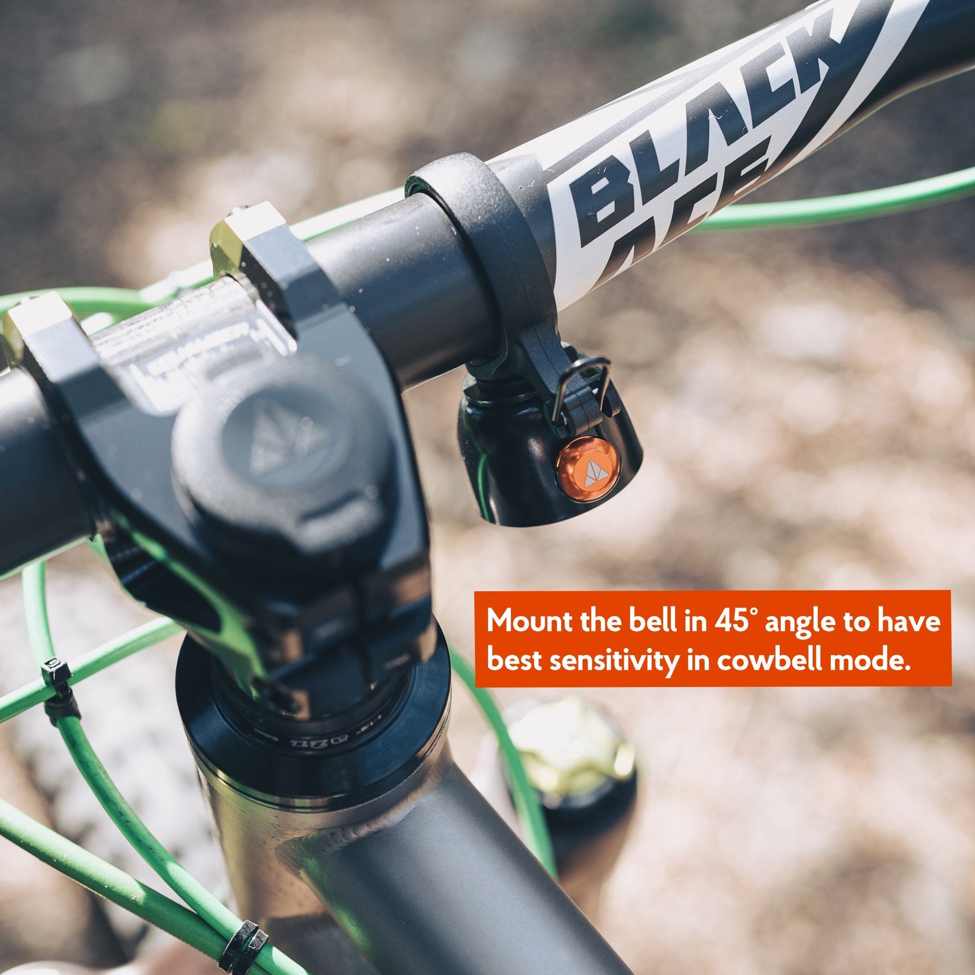 Granite Cricket Bell mounted at a 45° angle for optimal sensitivity in cowbell mode on Funn Black Ace handlebar.