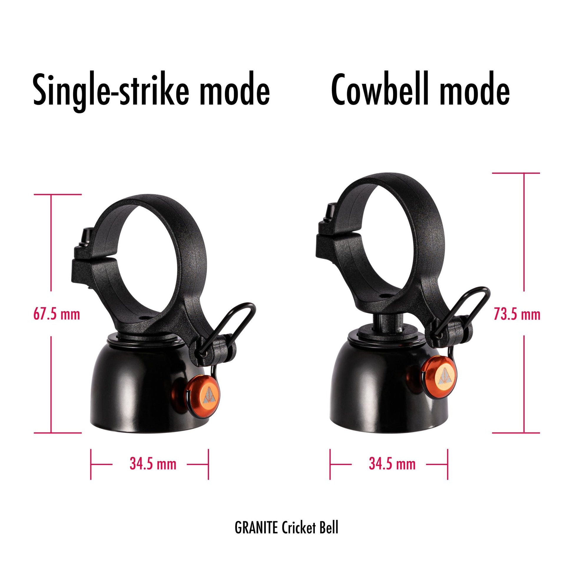 Granite Cricket Bell showing dimensions in Single-strike mode (67.5 mm) and Cowbell mode (73.5 mm).