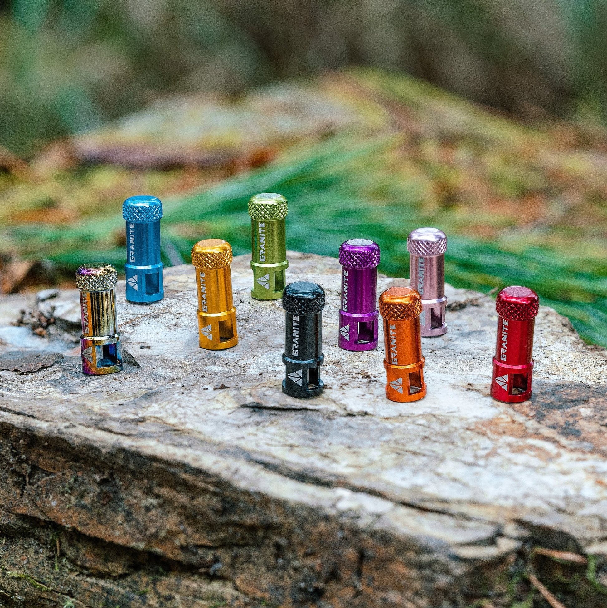 Assorted colorful Granite Presta valve caps displayed on a tree stump, with a natural green background.