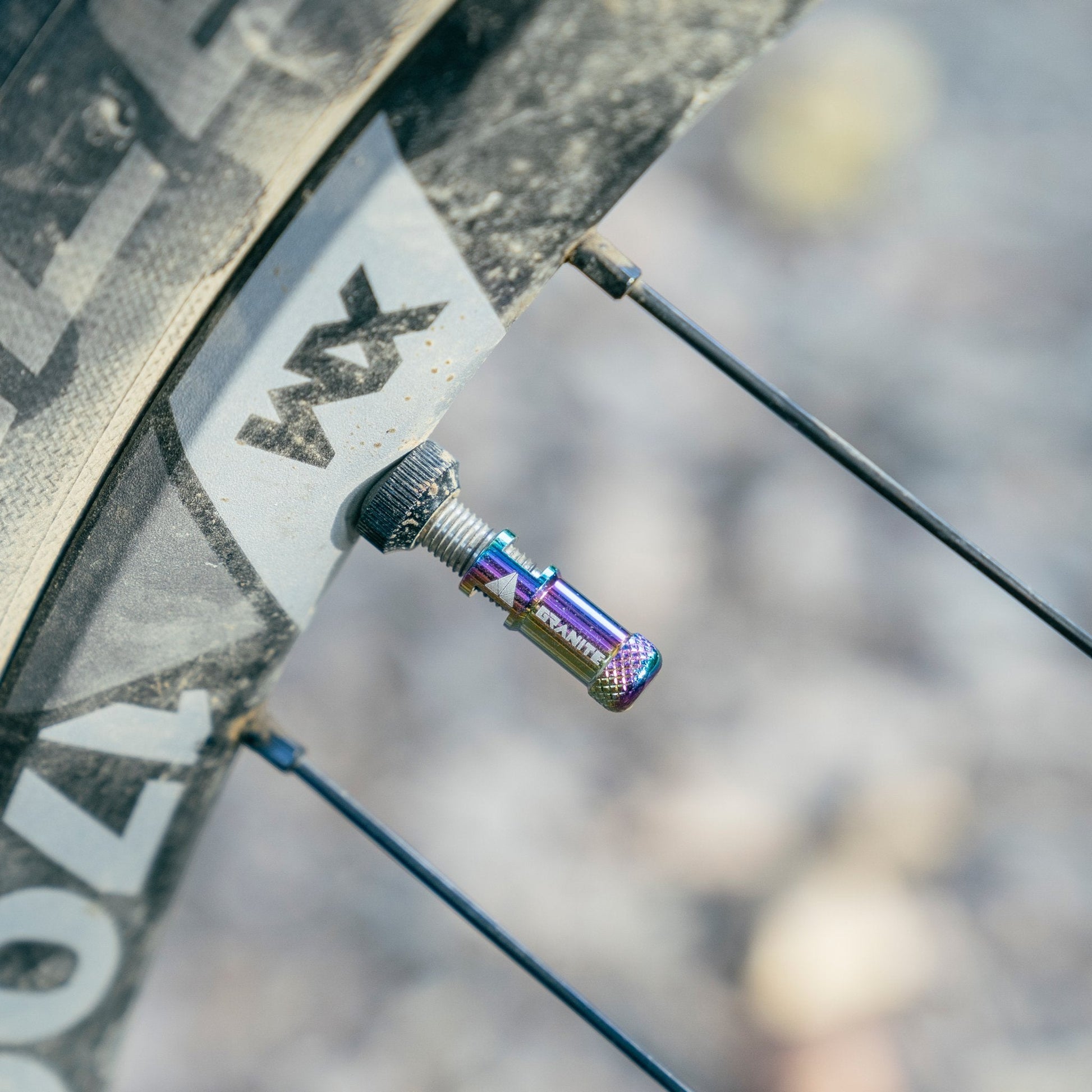 Oil Slick Color Granite Presta valve cap attached to a bike wheel rim, with a close-up of the tread and spokes.