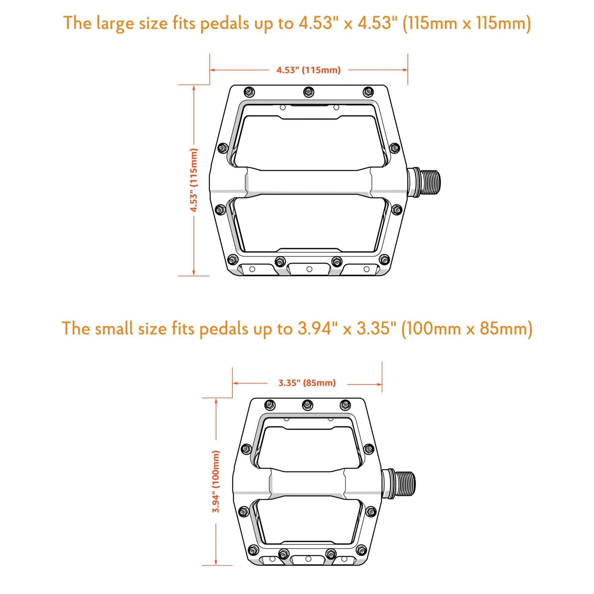 Pedal measurements suitable for Pita covers: large fits up to 115mm x 115mm, small up to 100mm x 85mm.