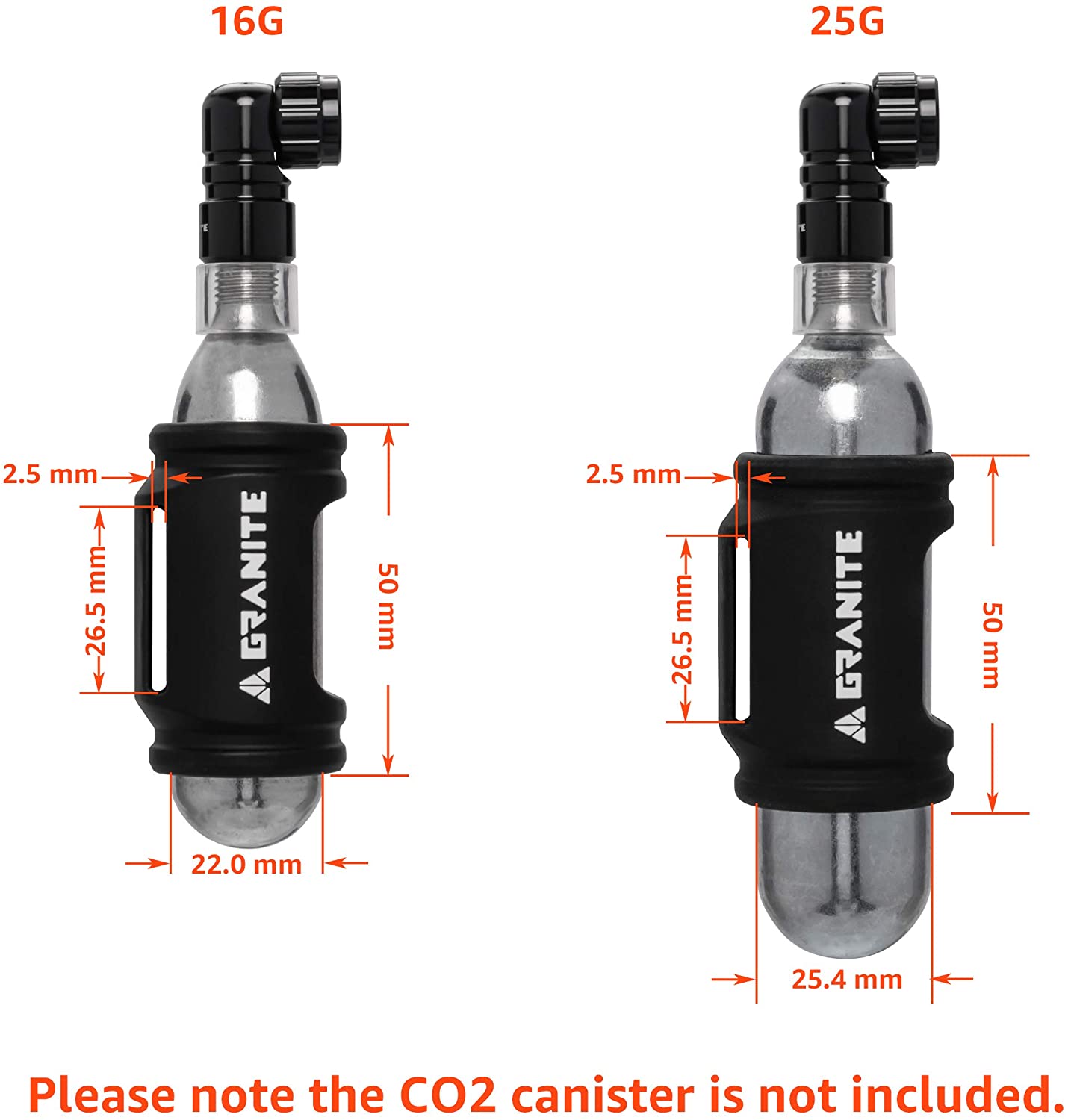 Punk CO2 inflator dimensions for 16g and 25g canisters, showing measurements for width, height, and protective sleeve.