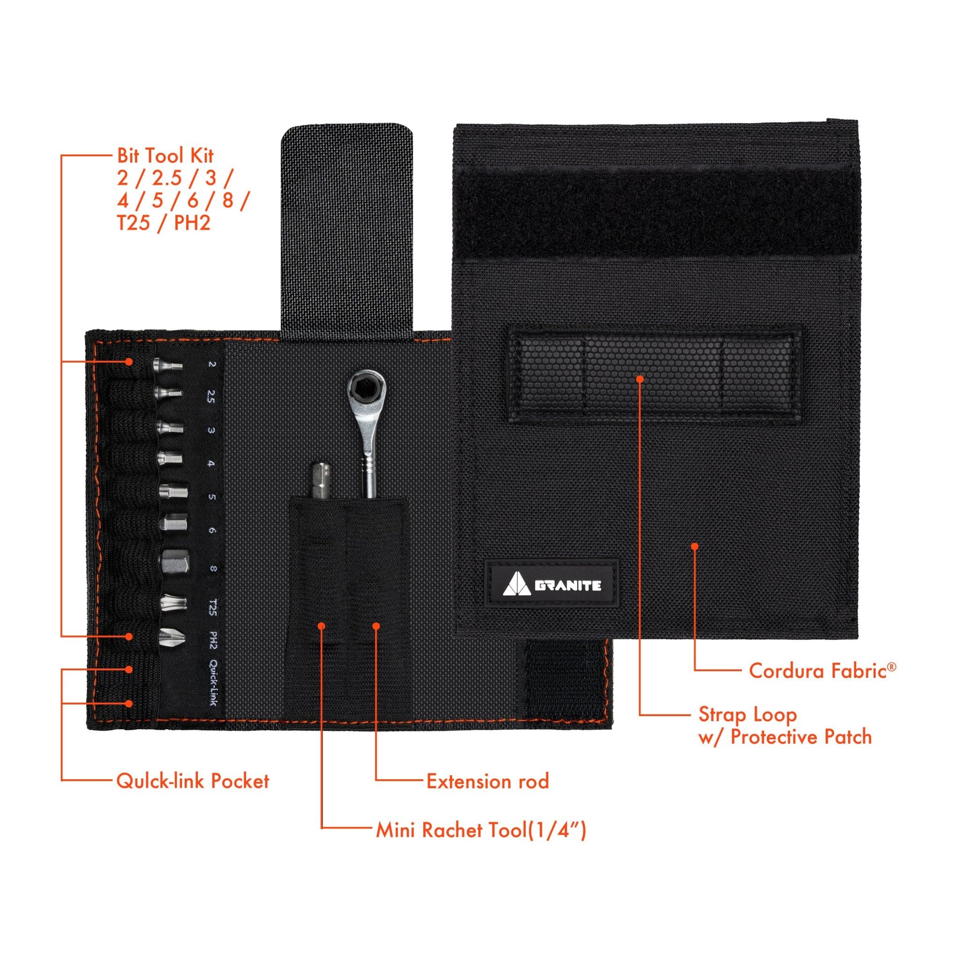 Rocknroll Mini Ratchet Tool with mini ratchet tool, extension rod, various bits, quick-link pocket, and Cordura fabric.