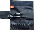 Rocknroll Mini Ratchet Tool containing hex bits, a ratchet tool, and an extension rod, organized in a black fabric pouch.