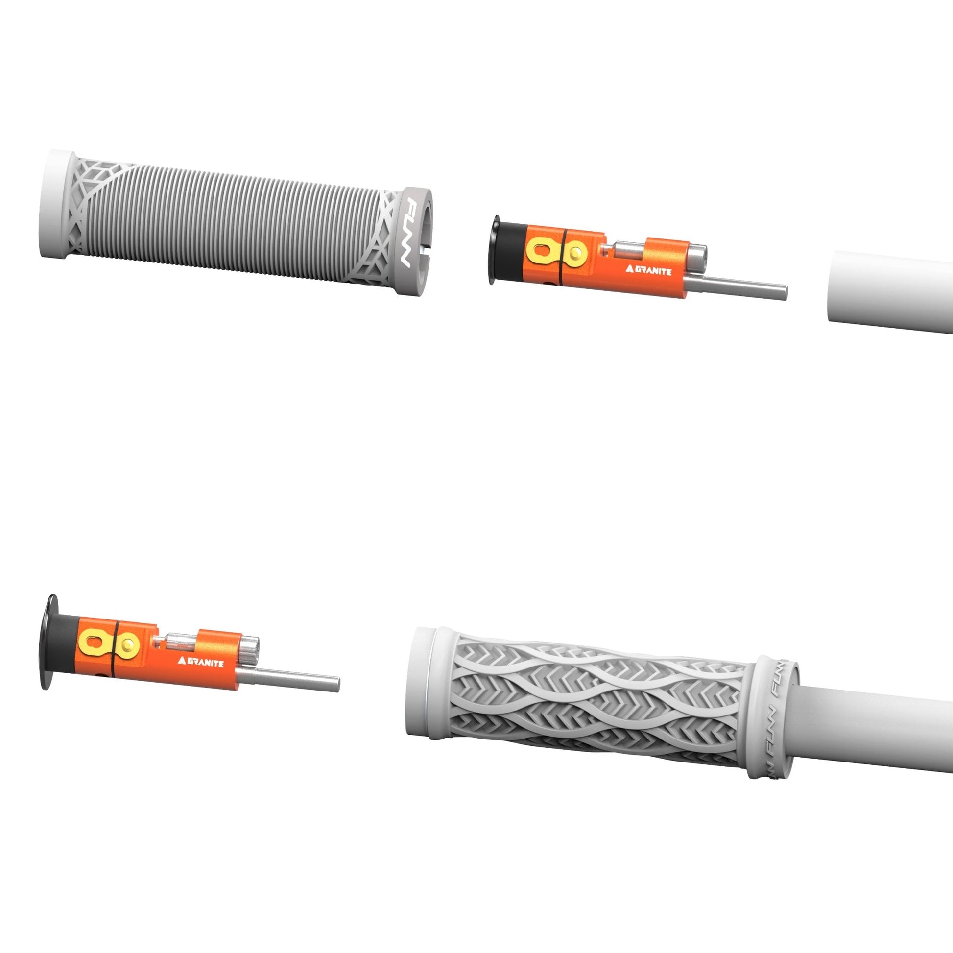 3D rendering of Granite Stash Chain Tool inserted into a bike grip, showing different angles of the tool integration.