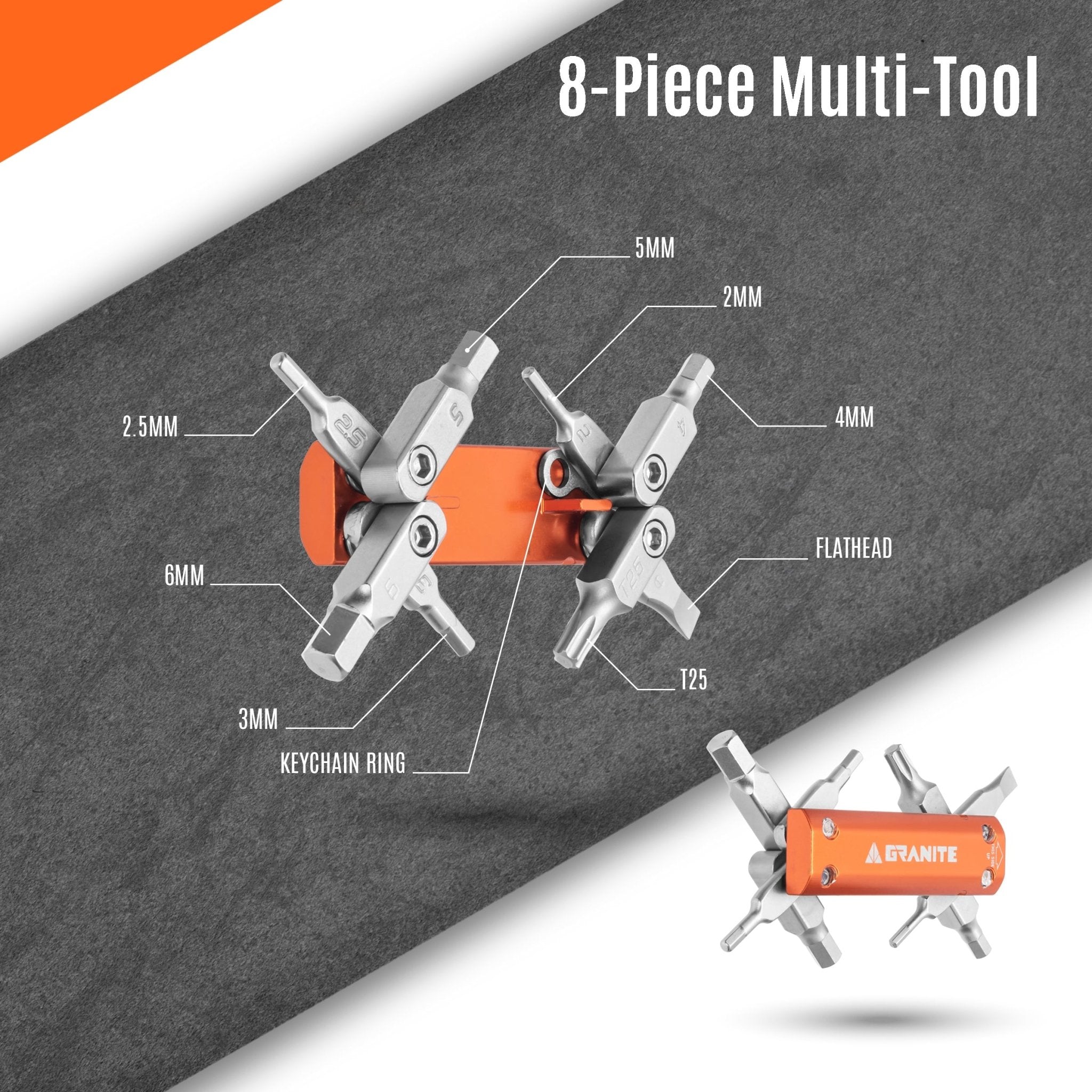 Granite 8-piece multi-tool with hex keys, flathead, and T25, labeled for easy identification.