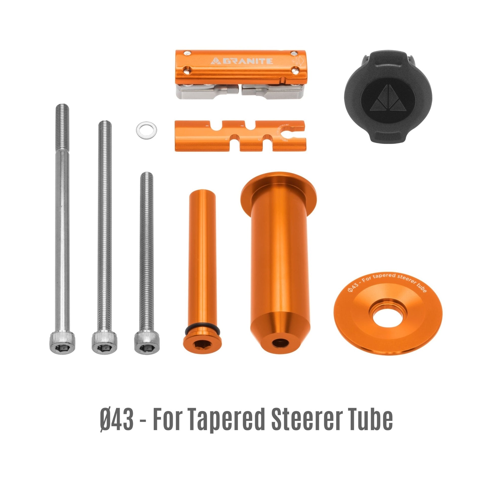 Stash Multi Tool Kit components for tapered steerer tube, including bolts, holder, cap, and other parts for assembly.