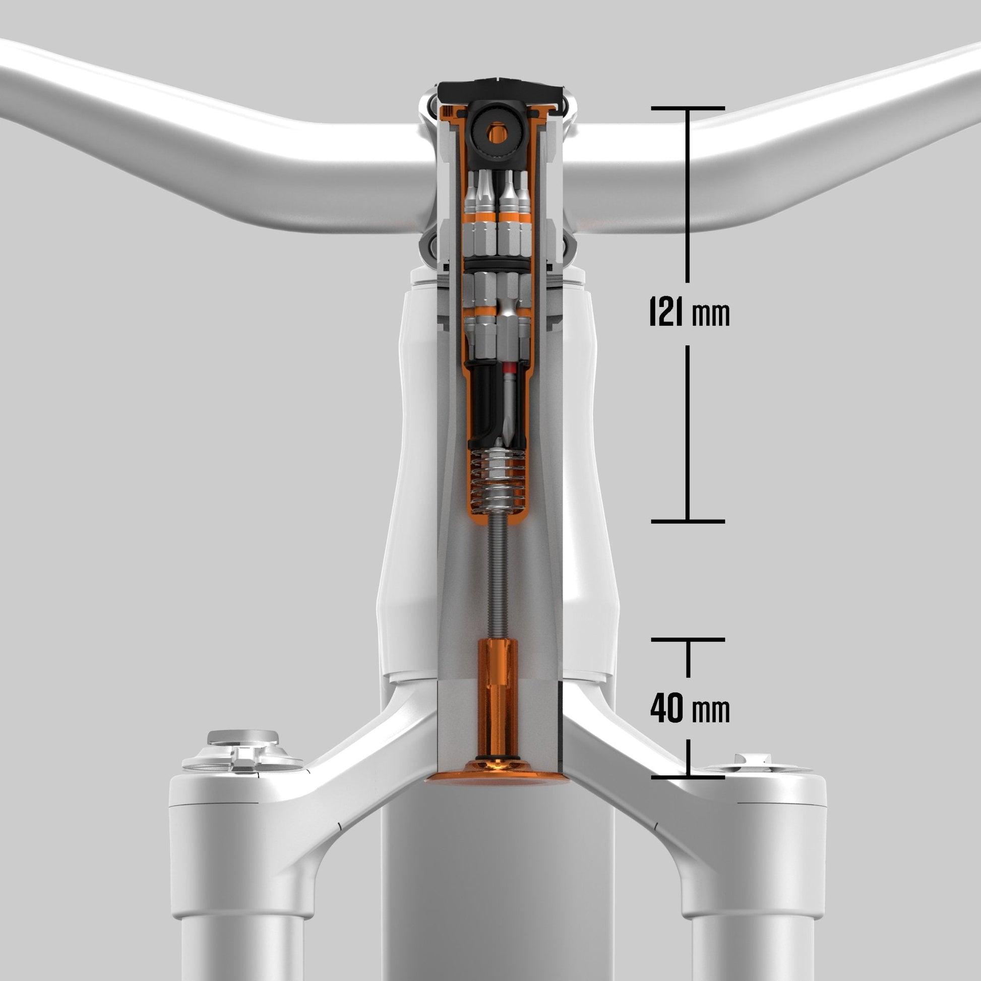 Cross-section of a bike's steerer tube showing an Granite Stash RT Ratchet Tool, with dimensions labeled as 121 mm and 40 mm.