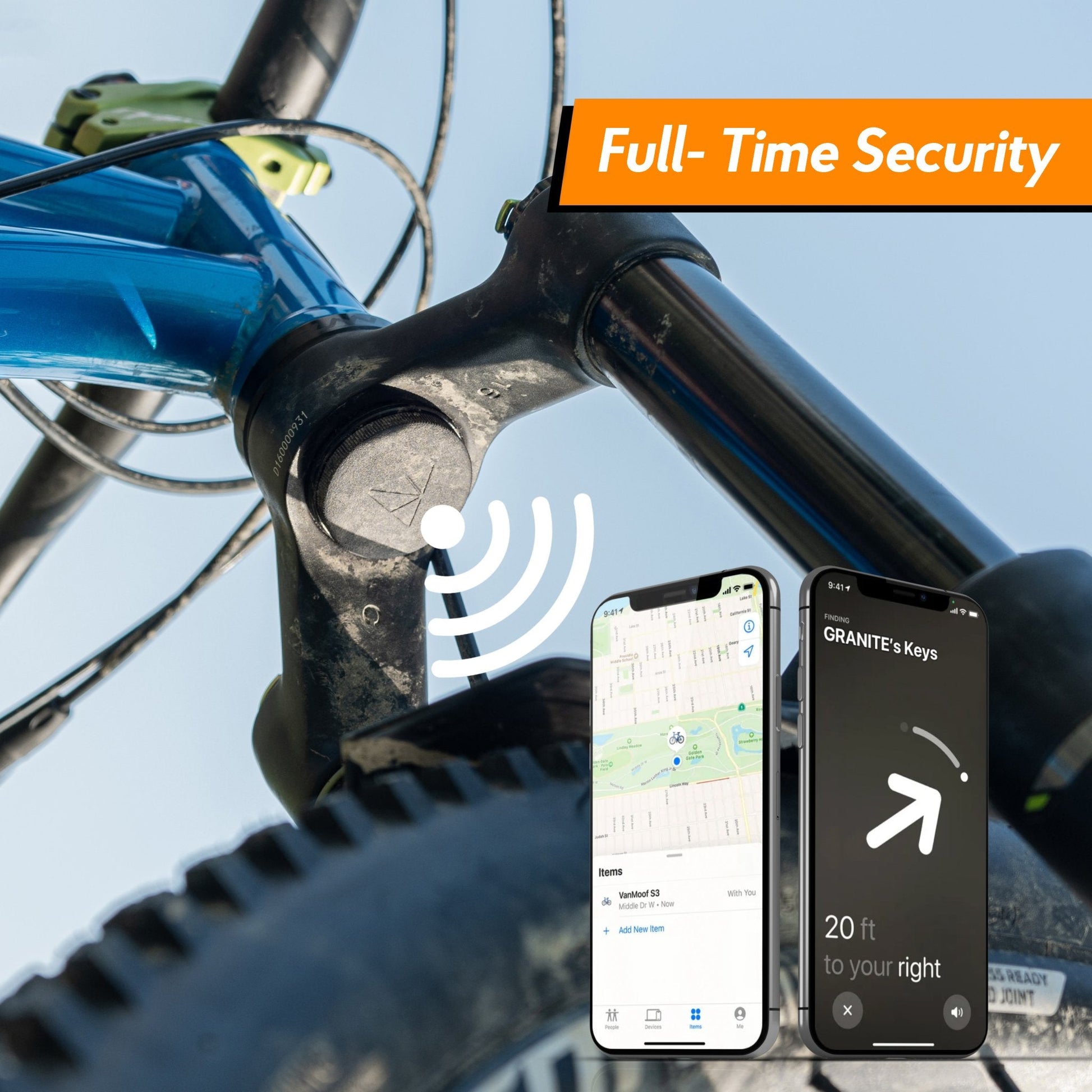 Granite Airtag Mount on bike fork with iPhone showing tracking app for real-time security and bike location tracking.