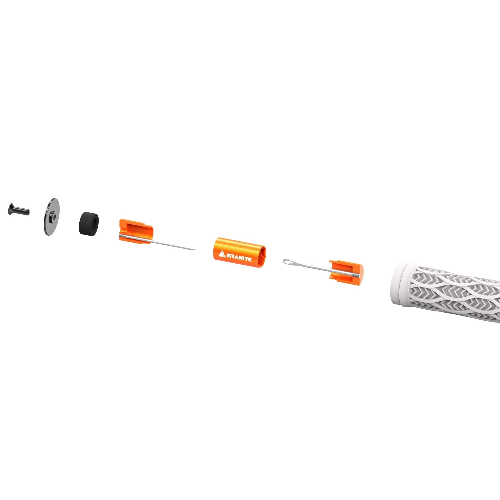 Exploded view of a Granite Stash tire plug showing each component in sequence for assembly.