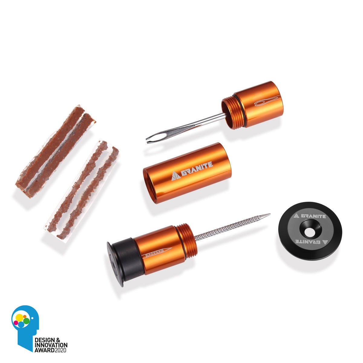 Granite Stash Tubeless Tire Plug Kit | Bike & MTB Handlebar Hidden Tool - Orange -