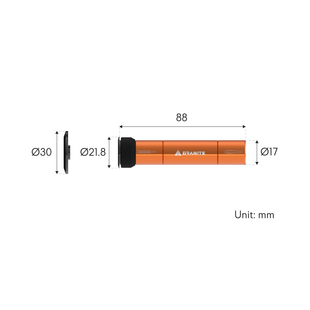 Diagram of the Granite Design Granite Stash Tubeless Tire Plug Kit, an orange
