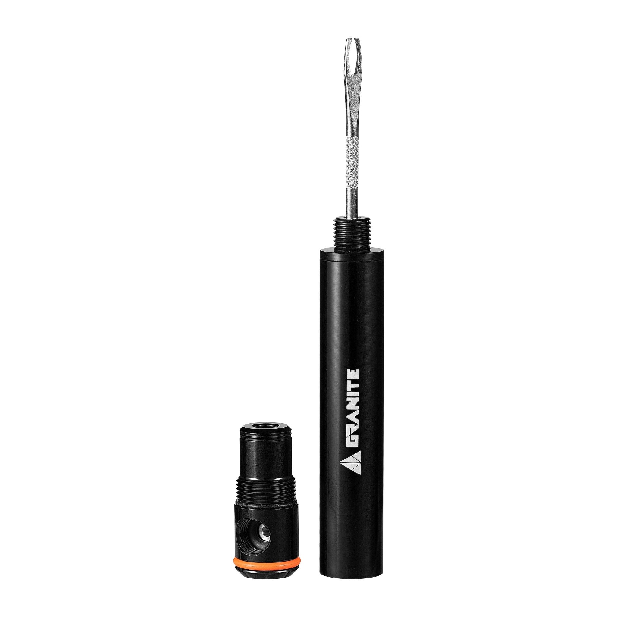Granite Suture Aero is a compact MTB tool with CO2 inflator, dual-size plugs, and Presta core remover. -Black-