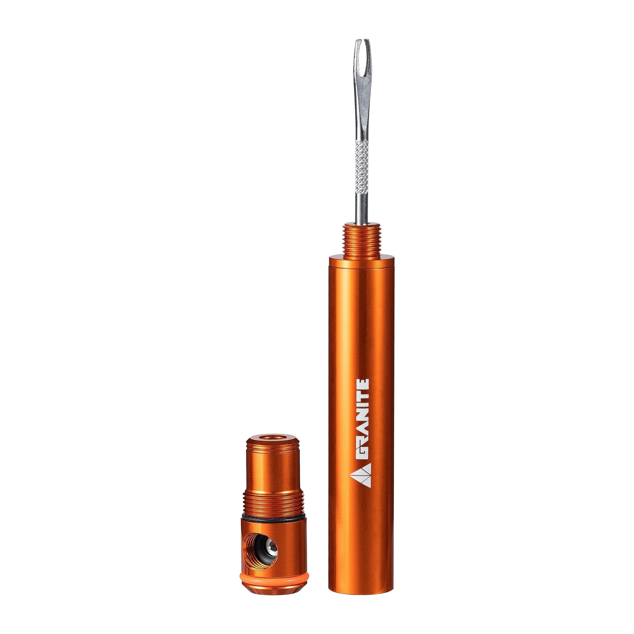 Granite Suture Aero Orange tool set with a cylindrical container and a fork on a white background