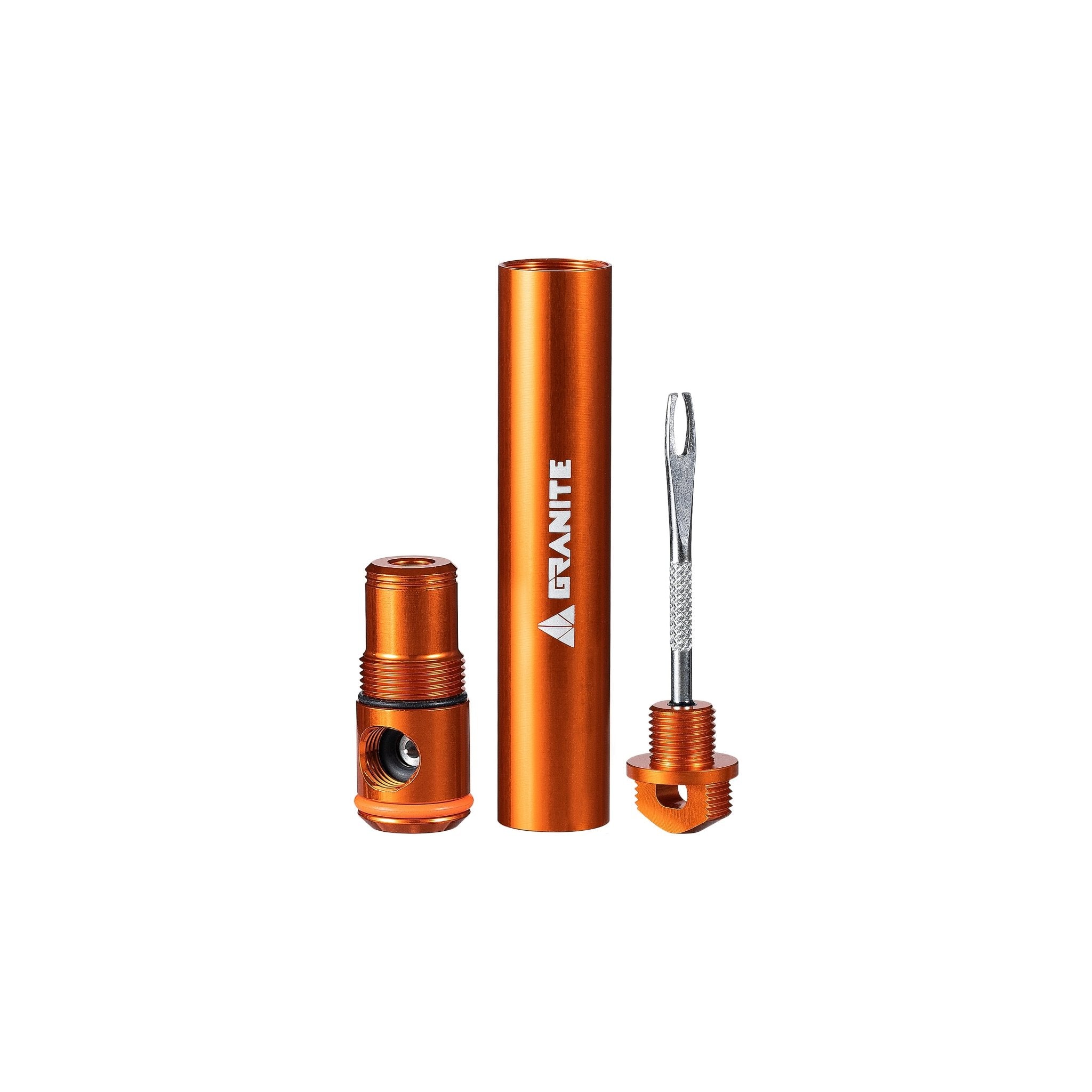 Granite Suture Aero is a compact MTB tool with CO2 inflator, dual-size plugs, and Presta core remover. -orange-