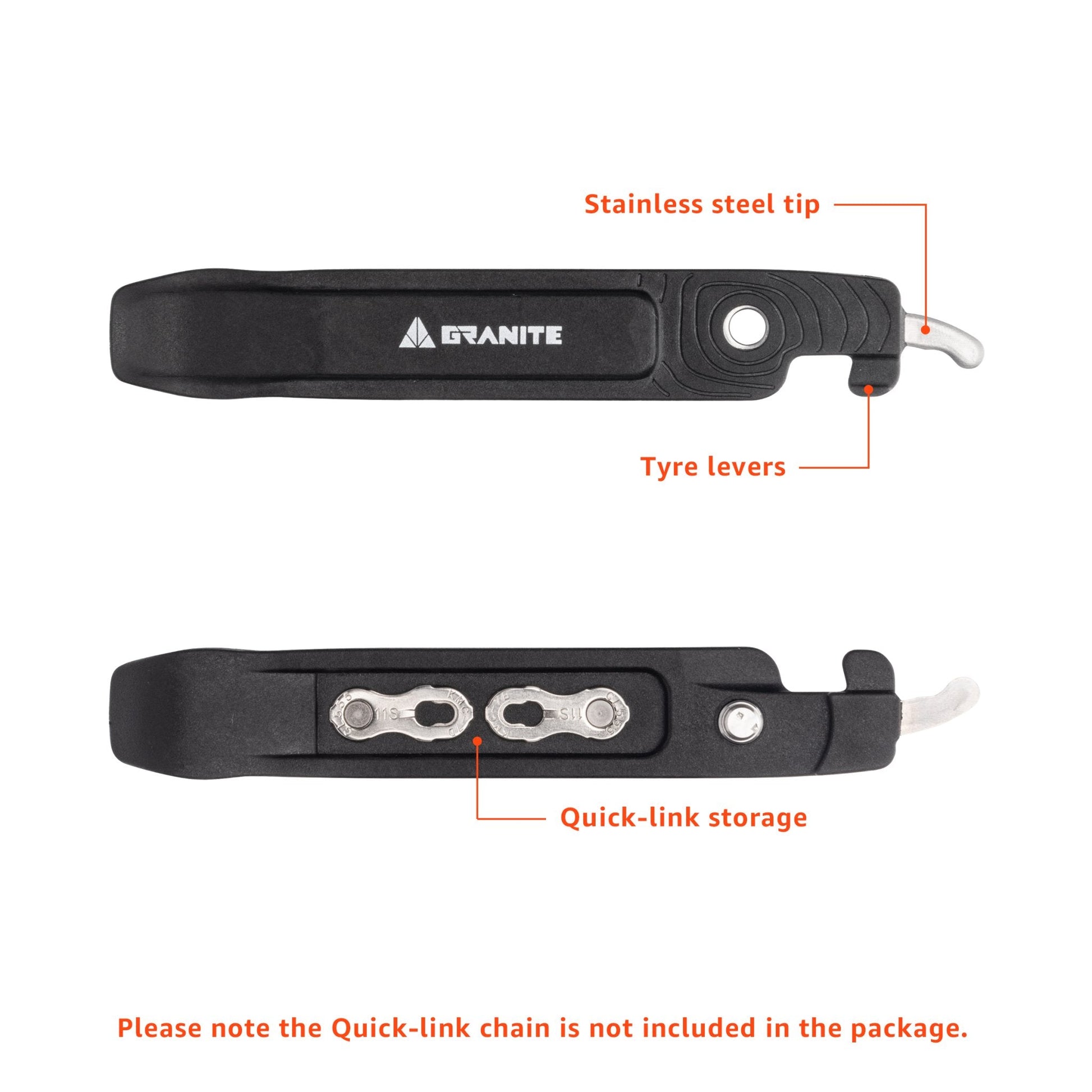 Granite tire lever tool in black, featuring a stainless steel tip and quick-link storage.