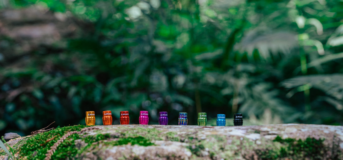Nine Granite Juicy Nipple Schrader valve caps in a row on a mossy rock: orange, gold, red, pink, purple, oil slick, green, blue and black