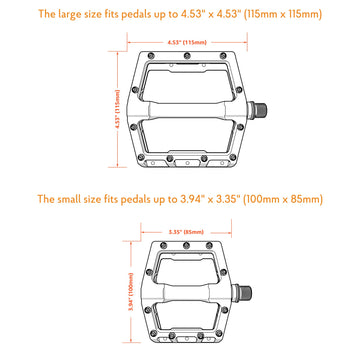 Two diagrams compare Granite large and small bike pedals. The large pedal measures 4.53 x 4.53 (115mm x 115mm), while the small pedal is 3.94 x 3.35 (100mm x 85mm). Measurements are marked in orange.